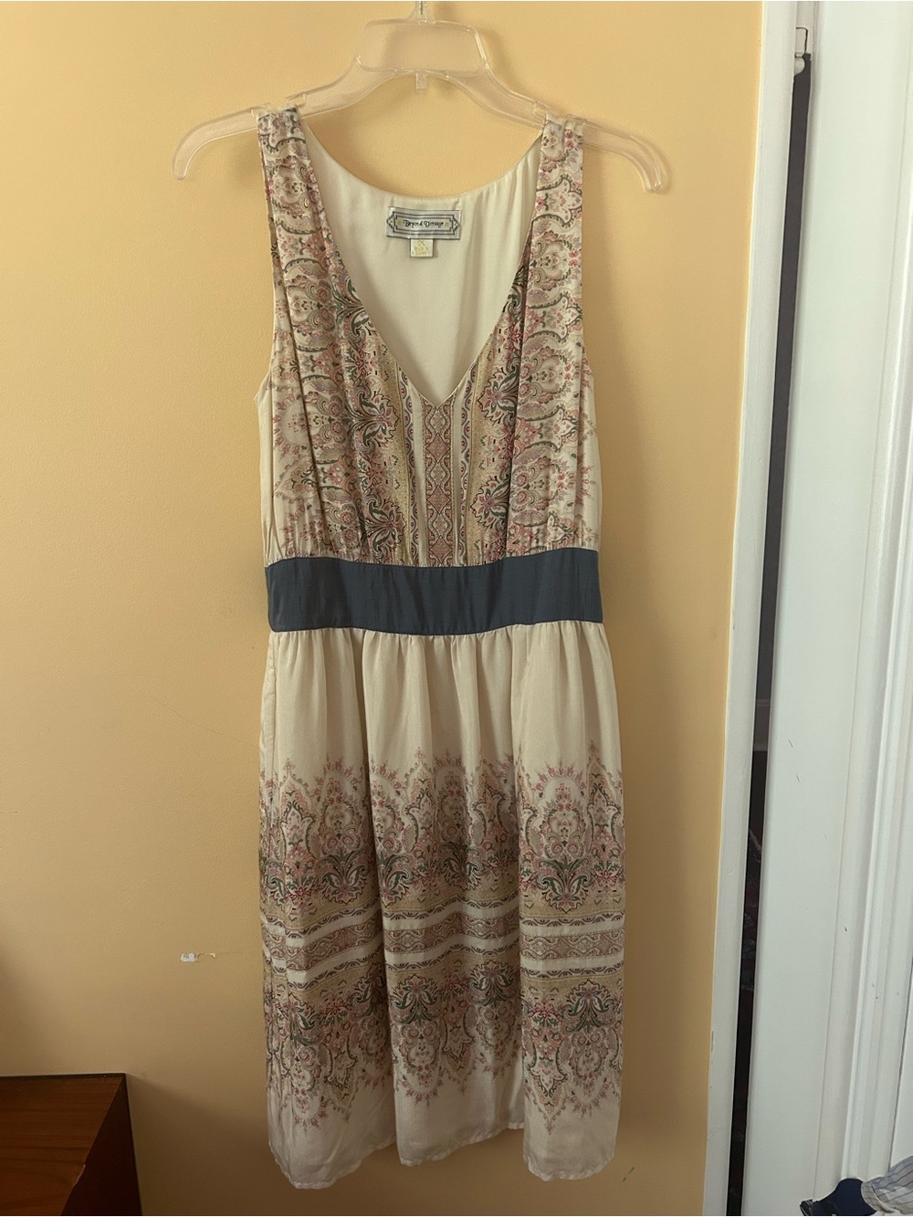 Cream Paisley Midi Dress with Navy Waistband